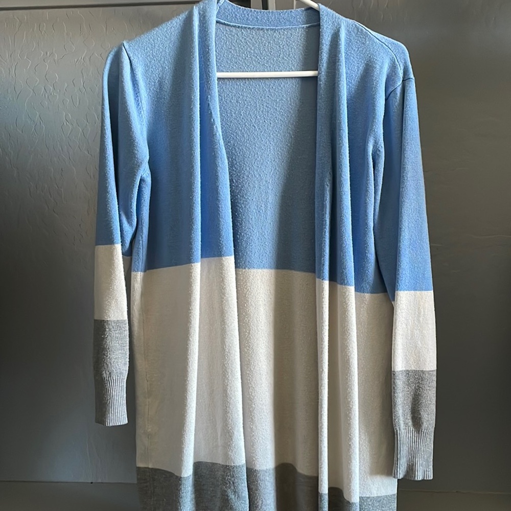 Blue white and grey color block cardigan